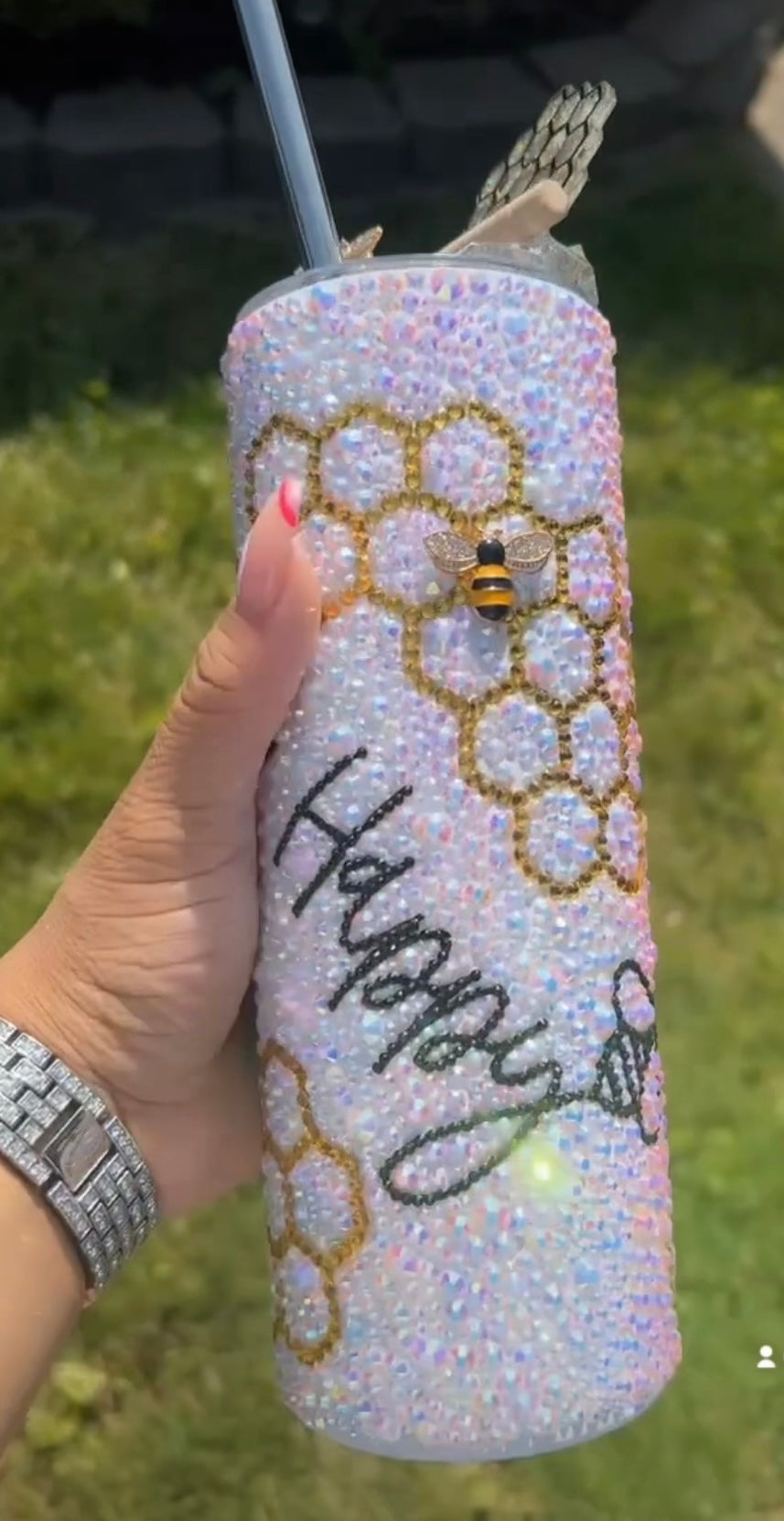 Bee Happy Rhinestone Tumbler