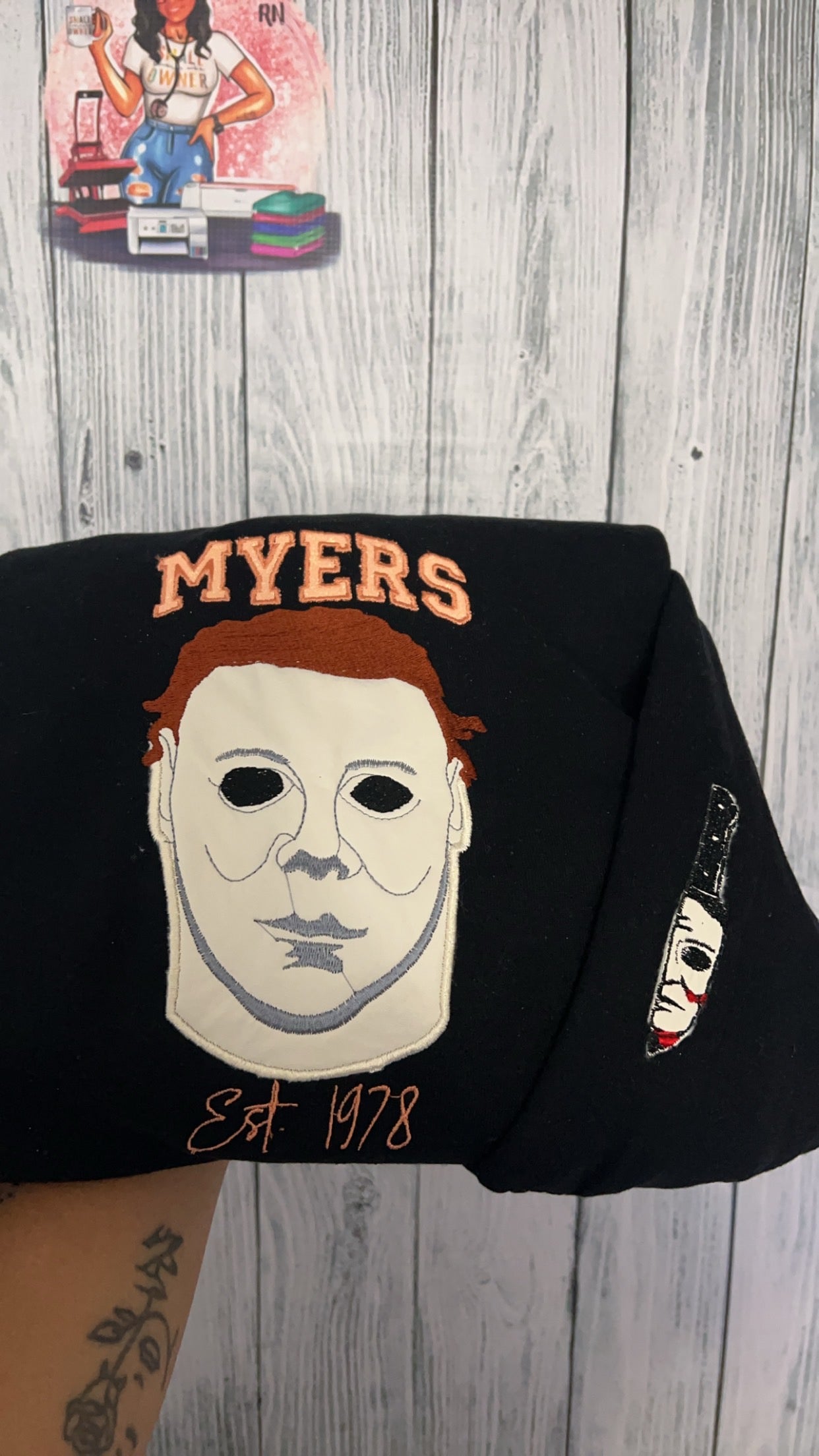 Faux Leather Mask Embroidered Crewneck