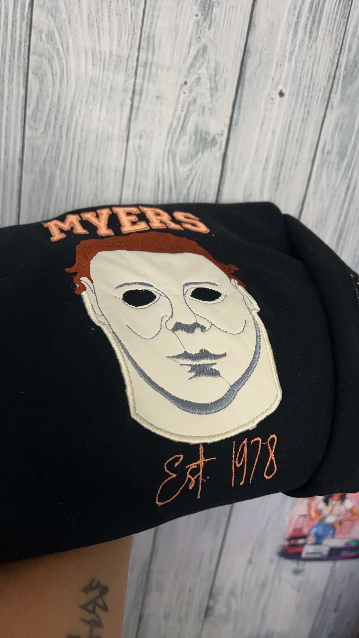 Faux Leather Mask Embroidered Crewneck