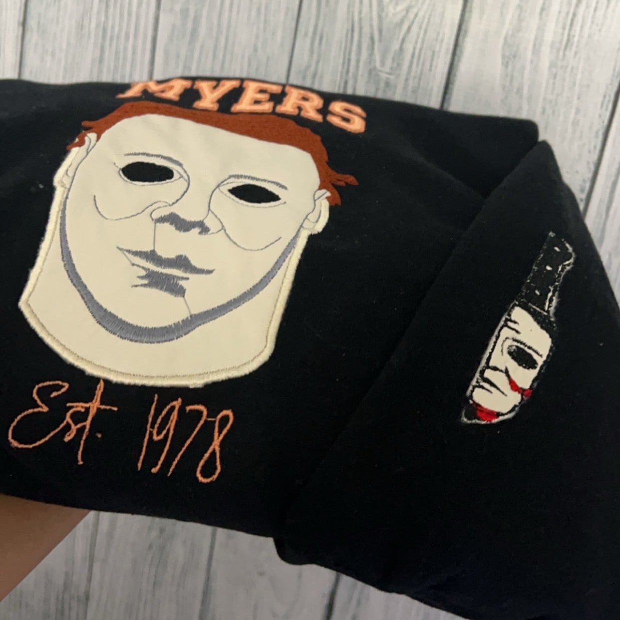 Faux Leather Mask Embroidered Crewneck