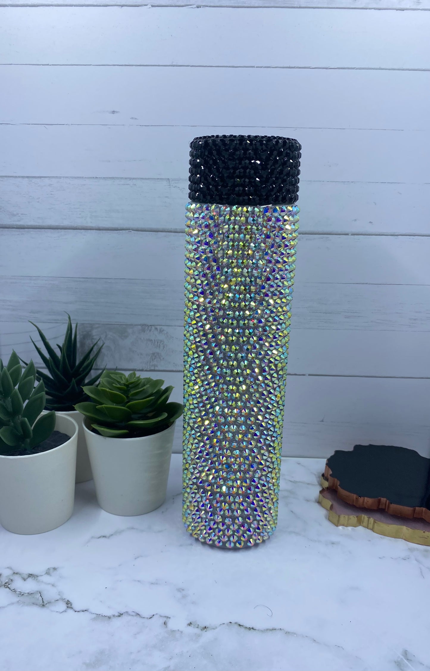 16 oz Rhinestone Skinny Tumbler- Crystal AB & Jet Black