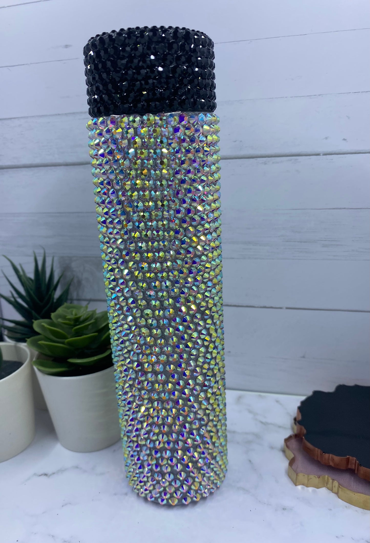 16 oz Rhinestone Skinny Tumbler- Crystal AB & Jet Black